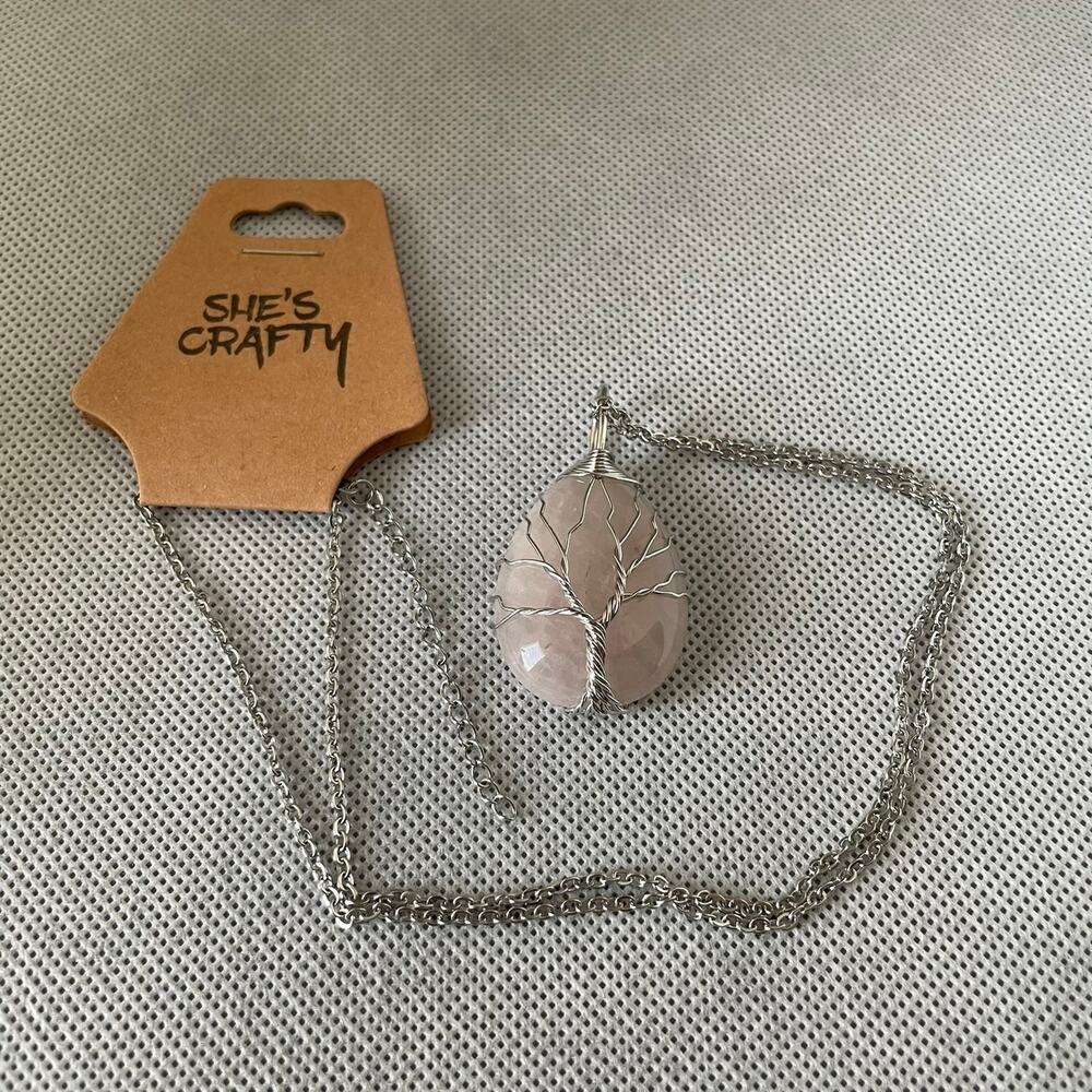 Tree Of Life Necklace Teardrop Rose Quartz & Stainless Steel